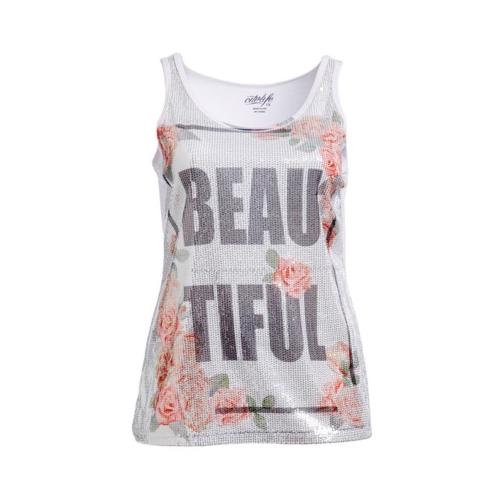 💠 Bold White Floral Sequin 'BEAU-TIFUL' Tank